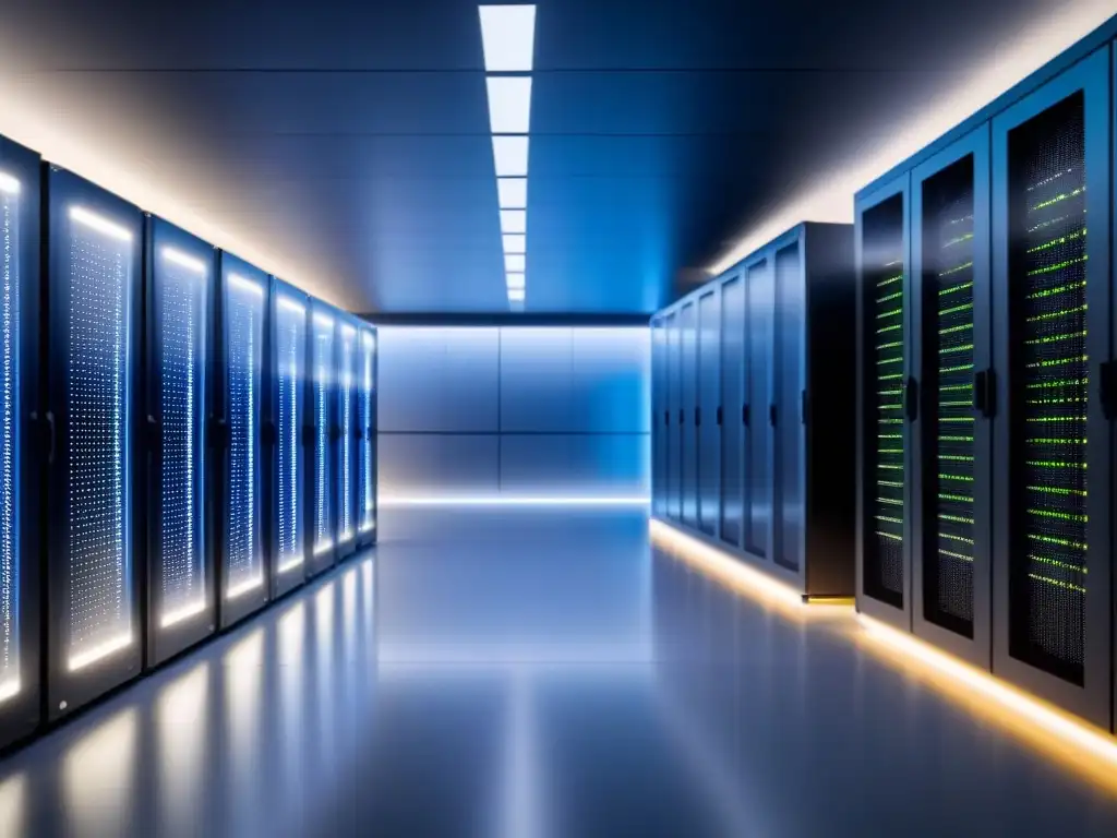 Centro de datos ecoeficiente con servidores de alta tecnología Centro de datos vanguardista con servidores de alta tecnología en un ambiente futurista y sostenible, iluminado por energías renovables