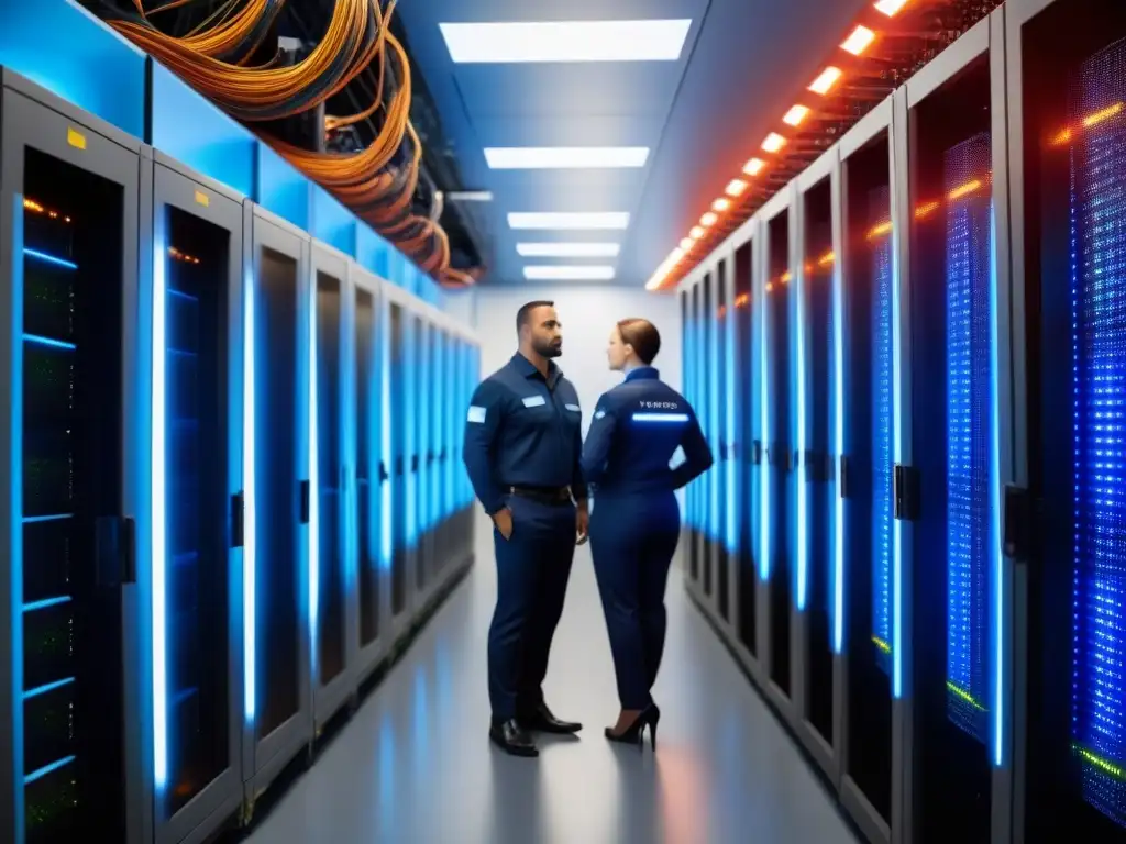 Centro de datos vanguardista: eficiencia e innovación Un centro de datos vanguardista con servidores organizados y técnicos en uniformes futuristas
