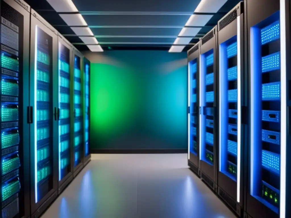 Central de servidores futurista: eficiencia en la gestión de propiedades Un centro de servidores futurista con luces azules y verdes, data analytics en el panel central, cables ordenados y servidores silenciosos