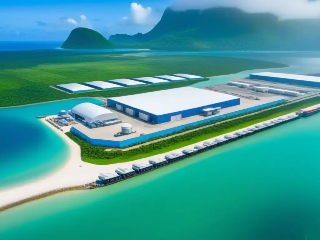 Centro logístico futurista en isla privada: drones y vehículos innovadores Un centro logístico futurista en una isla privada, integrando tecnología y naturaleza