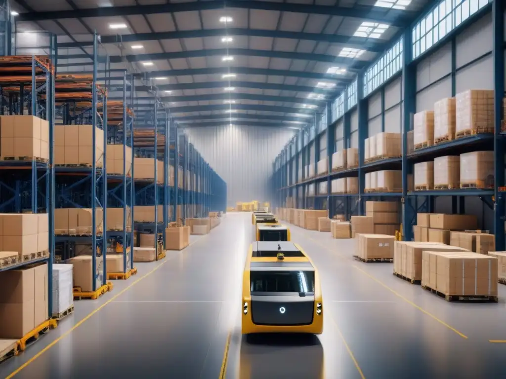 Centro logístico global ultradetallado: robots avanzados en acción Un centro logístico global de vanguardia con robots avanzados moviendo mercancías en un almacén masivo