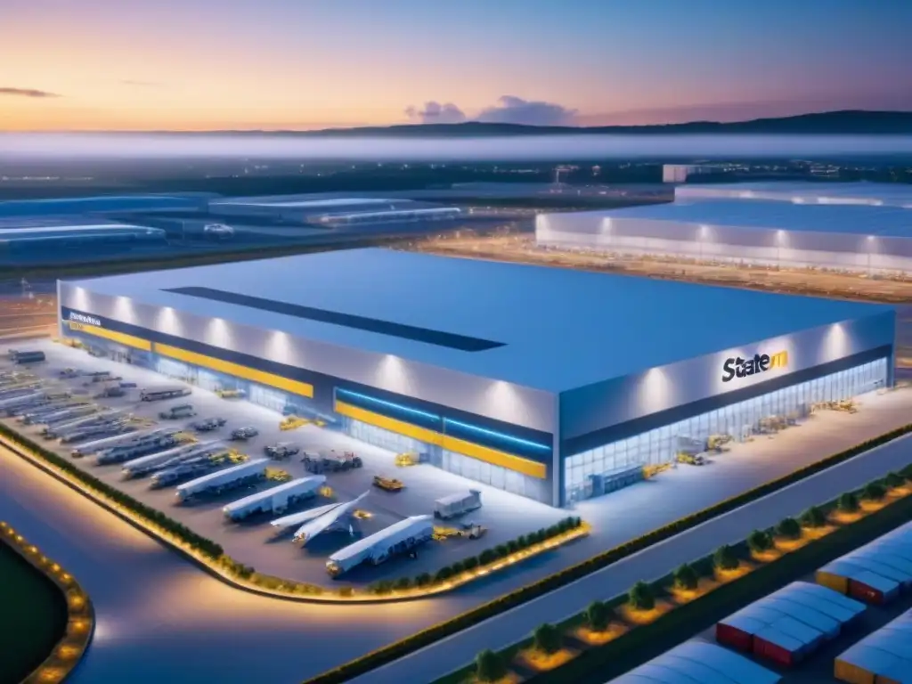Centro logístico futurista en acción: drones, luces y eficiencia Centro logístico internacional futurista al anochecer, integrando tecnología y logística en inversión inmobiliaria