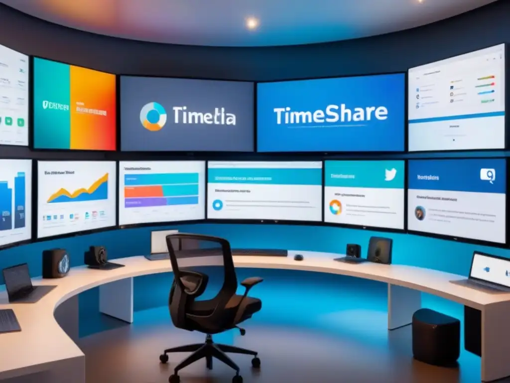 Centro de comando social: Estrategias de reventa de multipropiedad Centro de mando para redes sociales de reventa de tiempo compartido con pantallas de análisis y métricas de engagement