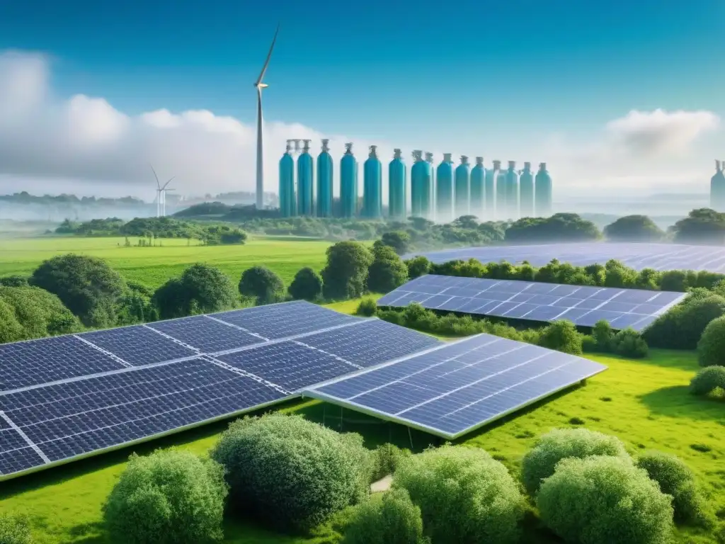 Complejo verde futurista con innovación y sostenibilidad Un centro urbano verde futurista con paneles solares y turbinas eólicas