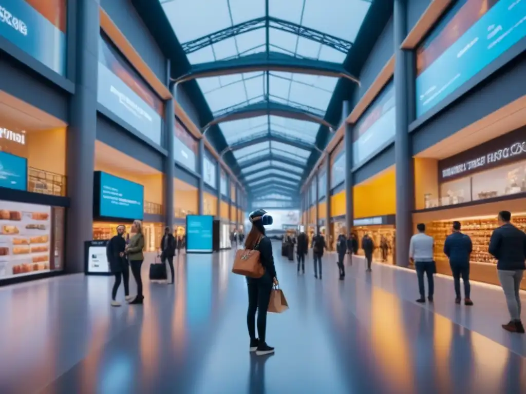 Centro comercial futurista: realidad virtual y drones en acción Centros comerciales en era digital: Futurista mall con tecnología VR y AR, drones entregando paquetes y edificios de cristal