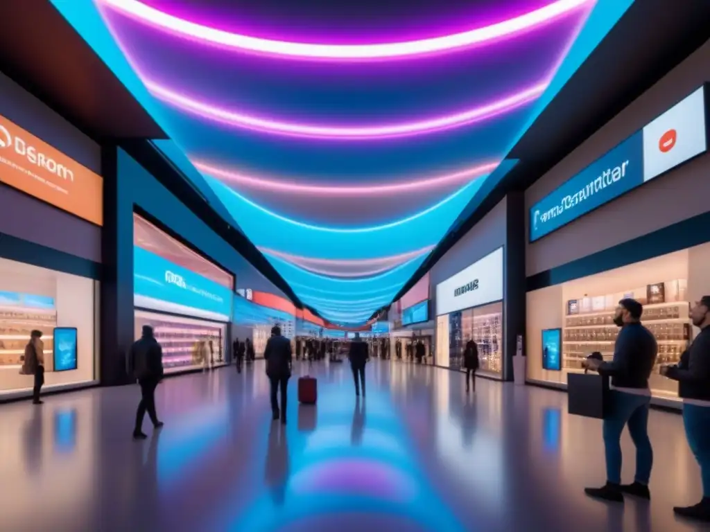 Centro comercial futurista: compras virtuales y drones Centros comerciales en era digital: Futurista mall con hologramas y drones, compradores en RV
