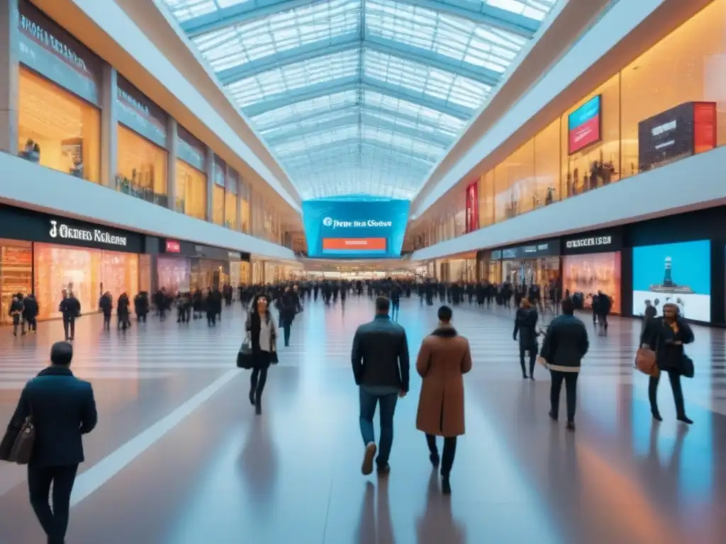 Centro comercial futurista: tecnología y diversidad en acción Centros comerciales en era digital: Multitud en centro comercial ultramoderno con arquitectura futurista y pantallas digitales