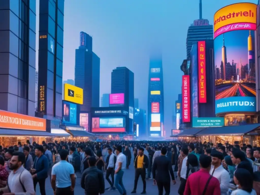 Futurista ciudad nocturna con luces neón y bulliciosa actividad urbana Centros comerciales urbanización global: Ciudad futurista con rascacielos iluminados por luces neón al anochecer, rebosante de vida y modernidad