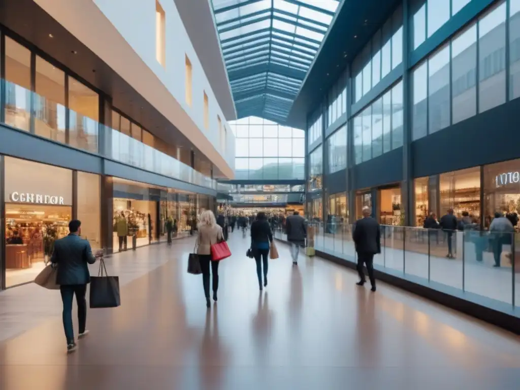 Centro comercial moderno y vibrante: diversidad de compradores y tiendas de moda Centros comerciales con potencial: Bullicioso mall moderno con diversidad de clientes y tiendas de moda