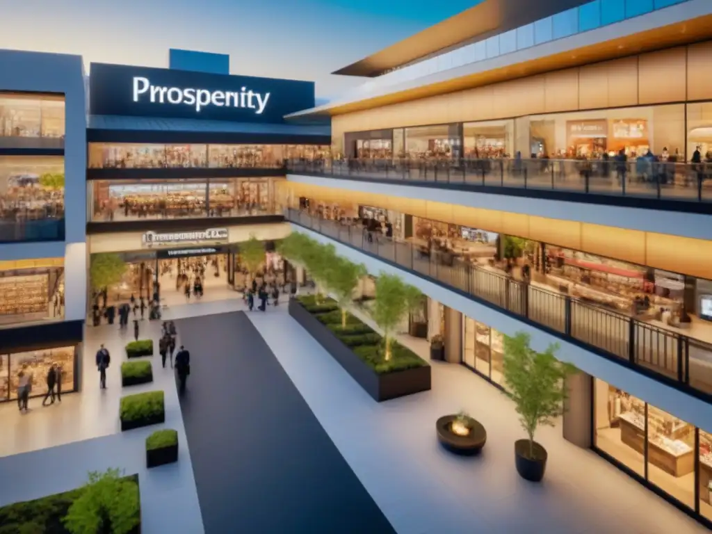 Centro comercial moderno: energía vibrante y diversidad de compradores Centros comerciales con potencial: Una vista aérea impresionante de un bullicioso y moderno centro comercial, lleno de energía y diversidad