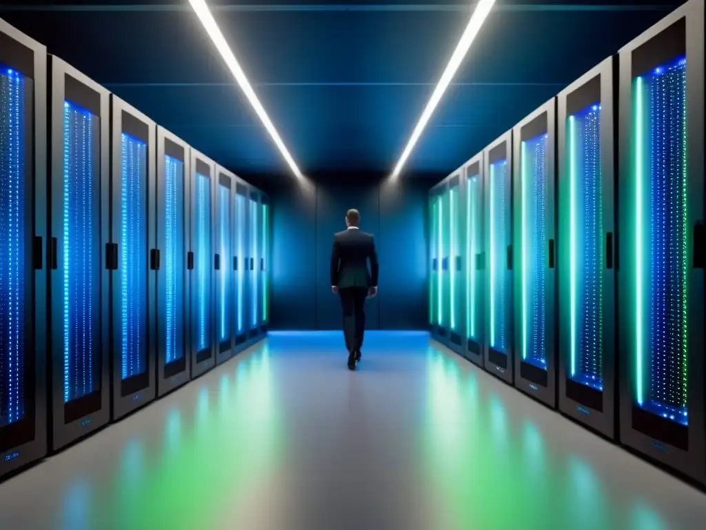 Centro de datos futurista: servidores brillantes en sala de alta tecnología Invertir en centros de datos: Avanzada sala con servidores futuristas brillando luces azules y verdes en piso reflectante