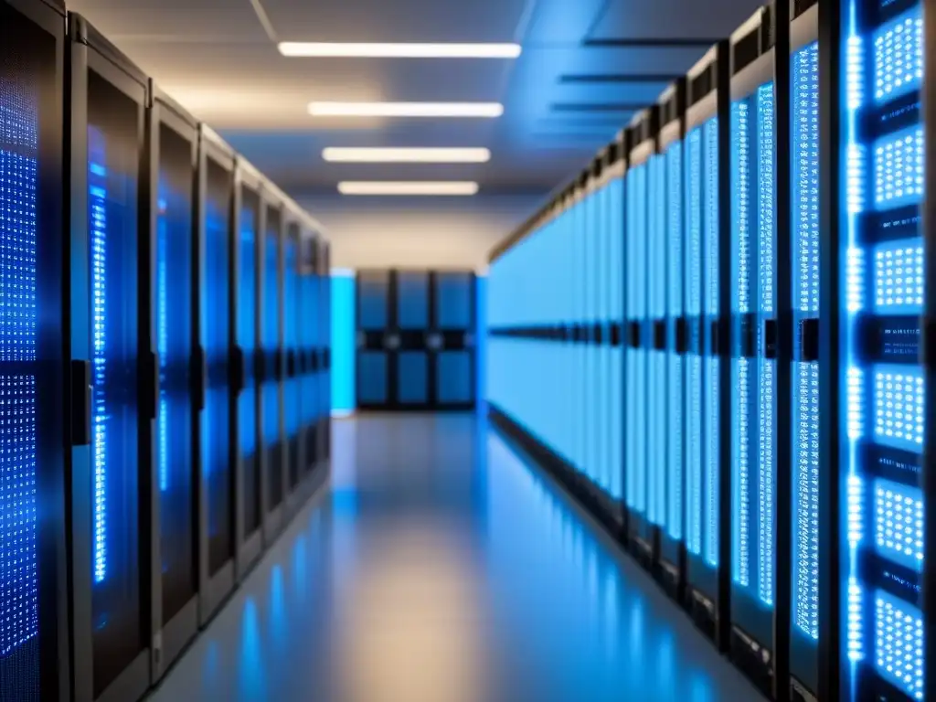 Centro de datos futurista con servidores ordenados y luces azules Invertir en centros de datos: Un centro de datos moderno con servidores ordenados y luces azules, reflejando tecnología avanzada y atención al detalle