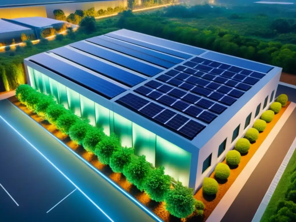 Centro de datos ecoinnovador: tecnología y sostenibilidad Invertir en centros de datos: un edificio futurista rodeado de vegetación, con luces LED coloridas y paneles solares en el techo
