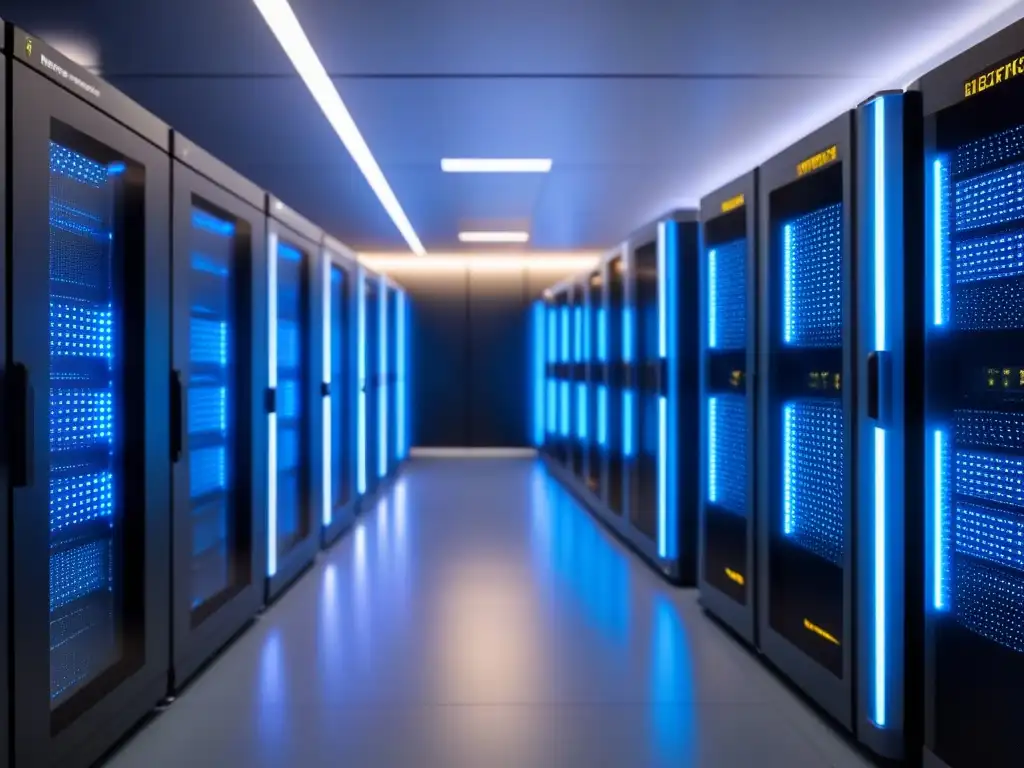 Centro de datos futurista: innovación y seguridad en tecnología de punta Invertir en centros de datos: Futurista sala de servidores con luces azules y blancas, innovación tecnológ de alto rendimiento