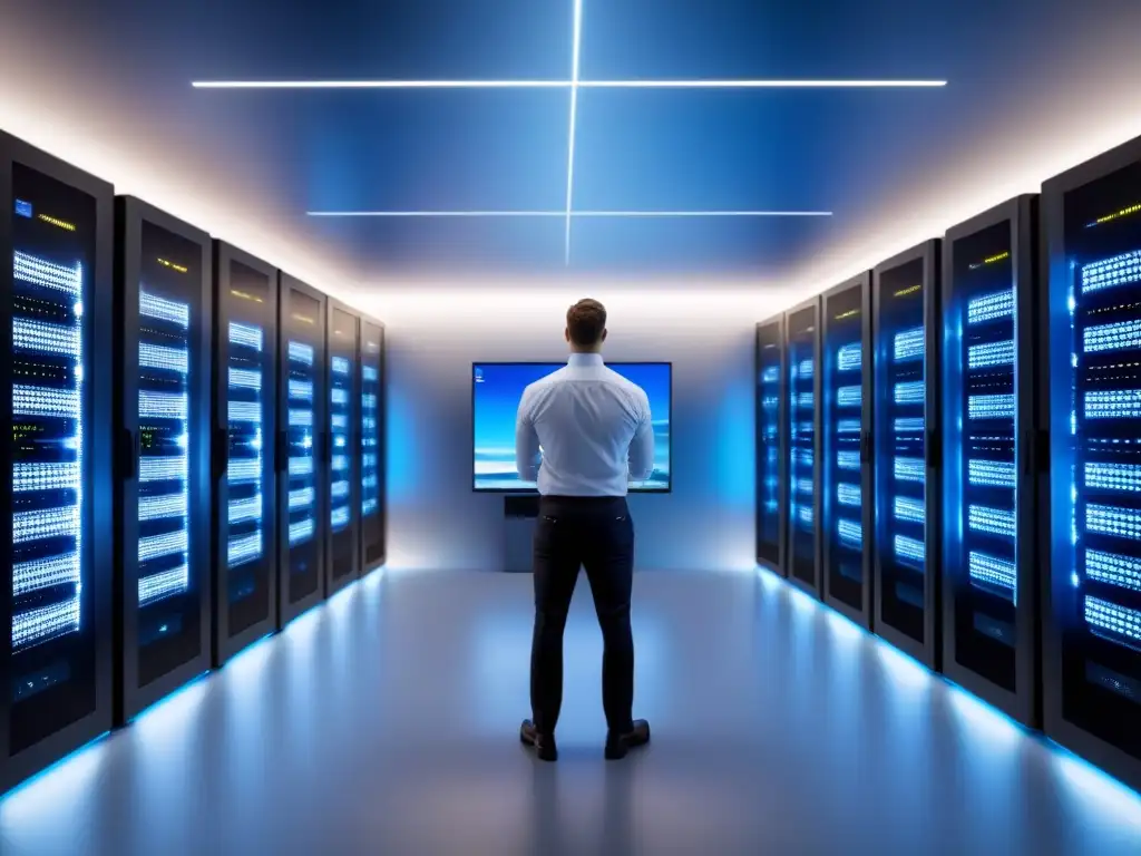 Centro de Datos Futurista: Innovación y Eficiencia 8k Invertir en centros de datos: moderno data center con servidores organizados, equipo colaborando en análisis de datos