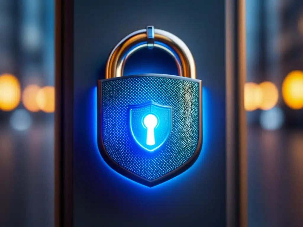 Seguridad cibernética en transacciones inmobiliarias Cerradura digital futurista protegiendo propiedad virtual en plataformas inmobiliarias internacionales confiables