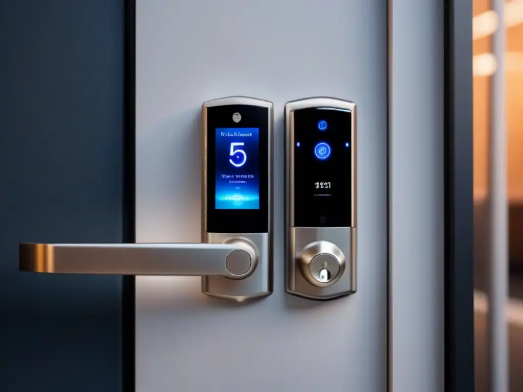 Smart lock futurista de alta tecnología en puerta moderna de acero Una cerradura inteligente de diseño futurista en una puerta moderna de acero pulido