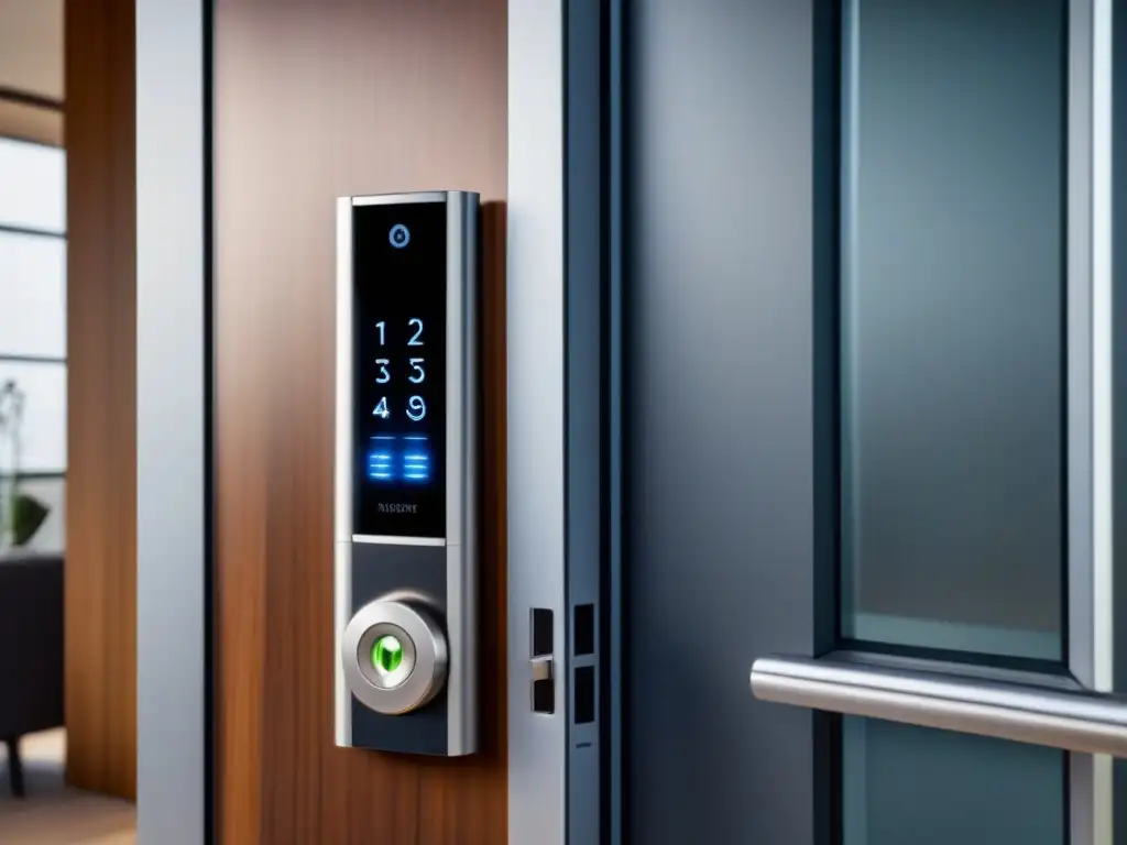 Smart lock de lujo para hogar inteligente: seguridad y estilo Cerraduras inteligentes para inversionistas: Sistema moderno y lujoso integrado en una entrada de hogar inteligente contemporáneo