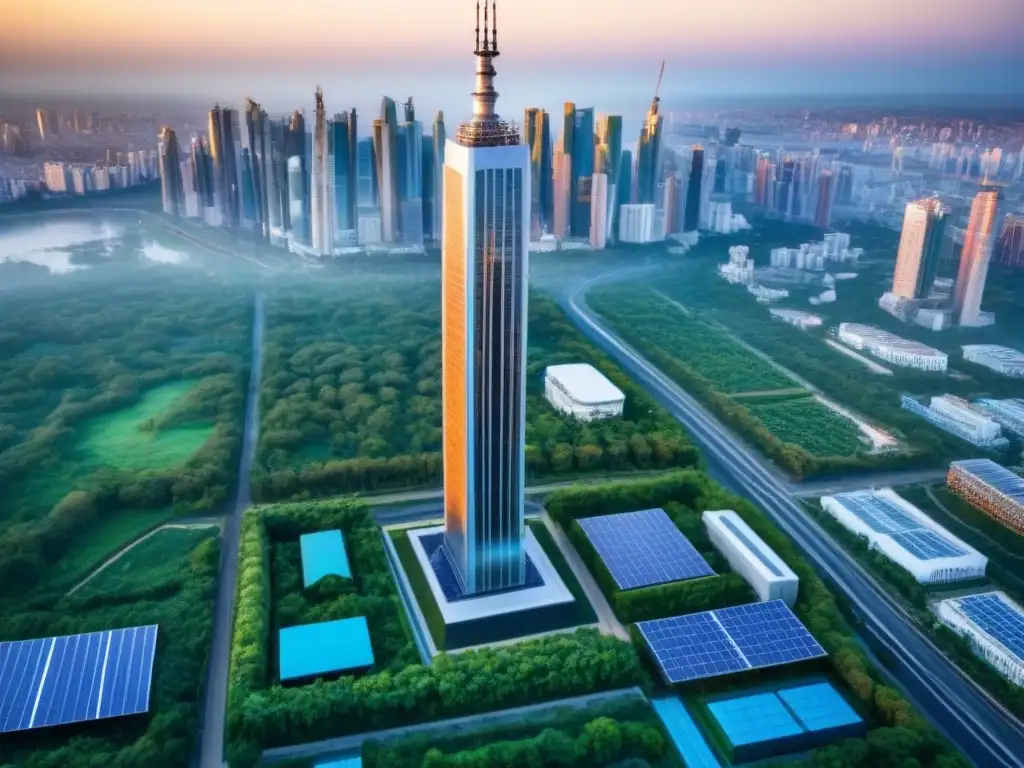 Rascacielos ecológico: innovación verde en la ciudad Certificaciones ambientales mercado inmobiliario: rascacielos ecológico futurista sobre la ciudad, con paneles solares y jardines en la azotea