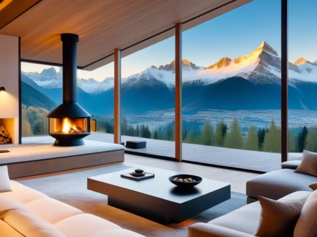 Chalet de lujo en la montaña: diseño moderno y encanto alpino en 8k Chalet de lujo en montaña con diseño contemporáneo y vistas panorámicas de picos nevados