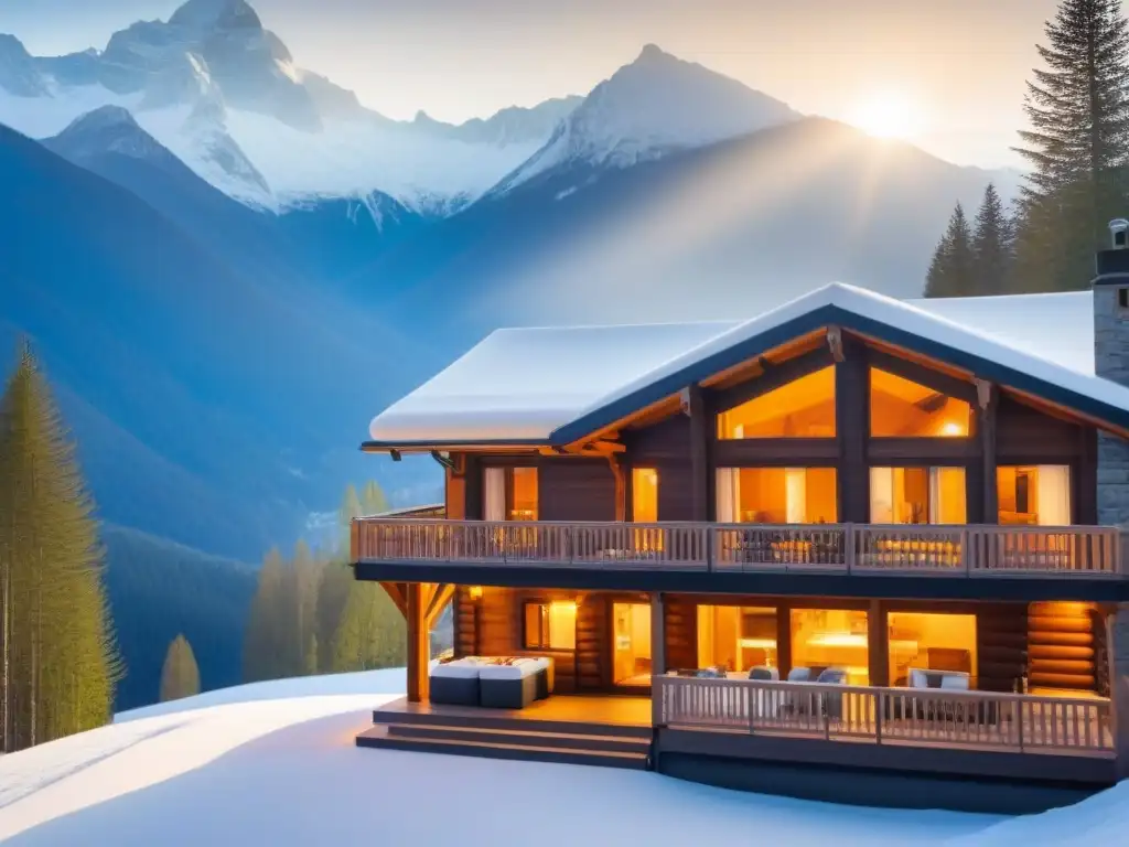 Chalet de lujo en la cima nevada: una vista aérea impresionante Un chalet de lujo en montañas, con vistas impresionantes y un diseño moderno y acogedor