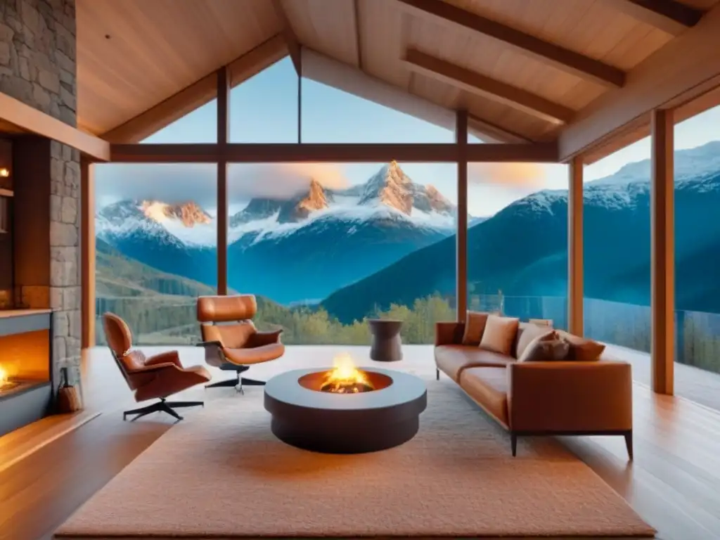 Chalet de lujo en la montaña: ventanales con vistas panorámicas Chalet de lujo en montaña con vistas panorámicas a paisaje nevado y arquitectura moderna