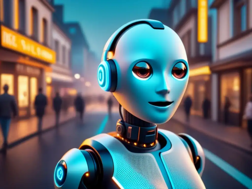 Chatbot futurista en mercado inmobiliario: eficiencia digital Un chatbot futurista asiste clientes en mercado inmobiliario, rodeado de hologramas
