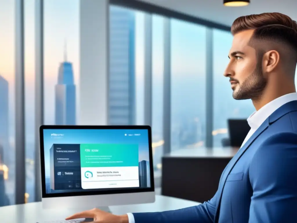 Chatbot futurista en oficina inmobiliaria de vanguardia Un chatbot futurista integrado en una oficina inmobiliaria moderna y sofisticada