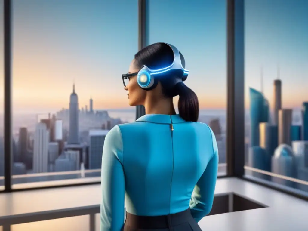 Chatbot futurista asiste a clientes felices en moderna oficina Un chatbot futurista interactúa con clientes satisfechos en un entorno moderno