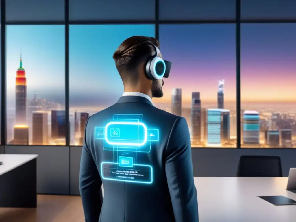 Chatbot futurista revoluciona la inmobiliaria Un chatbot futurista interactuando con profesionales inmobiliarios en una oficina moderna