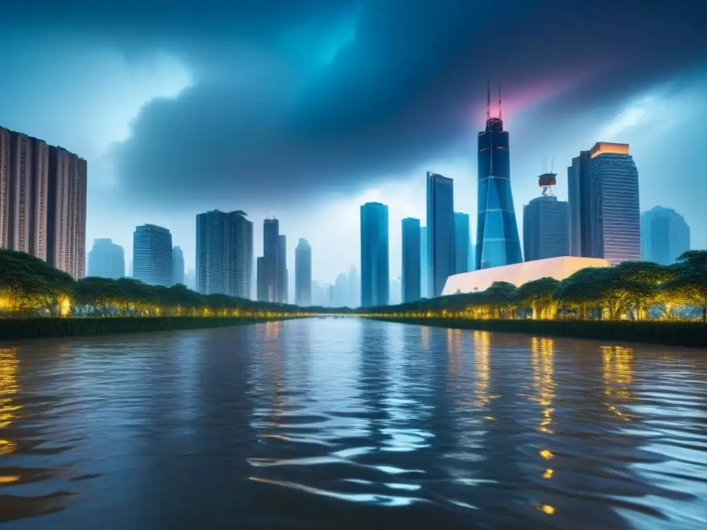 Metrópolis inundada: la importancia del seguro contra inundaciones Cityscape moderna entre inundaciones, destaca importancia Seguro propiedad áreas inundables internacional