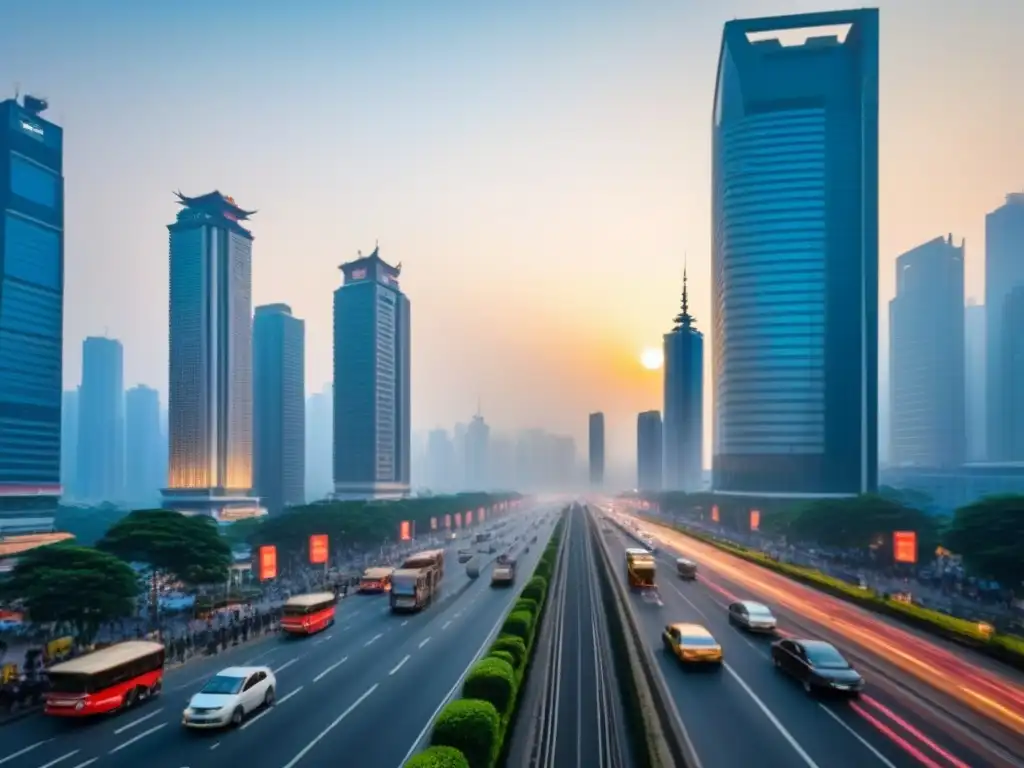 Horizonte urbano en Asia: fusión de modernidad y tradición La ciudad asiática bulliciosa combina modernidad y tradición, con gente y autos en las calles, y un sol poniente iluminando los rascacielos
