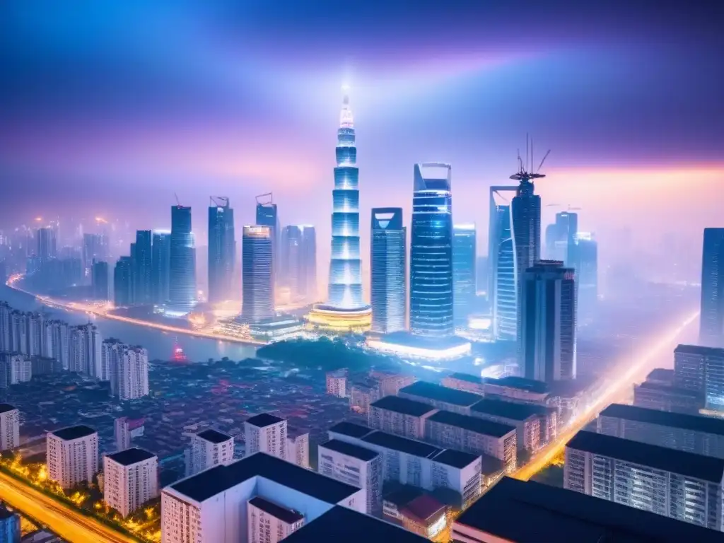 Horizonte urbano asiático vibrante: oportunidades inmobiliarias Una ciudad asiática vibrante con rascacielos iluminados por luces cálidas, reflejando el mercado inmobiliario