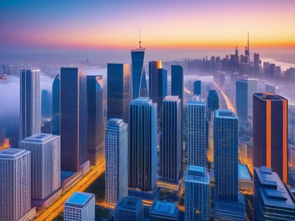Skyline moderno iluminado por luces neón: inversión global en bienes raíces Fotografía en 8k de una ciudad bulliciosa al anochecer, reflejando la innovación arquitectónica y la interacción humana, iluminada por luces de neón