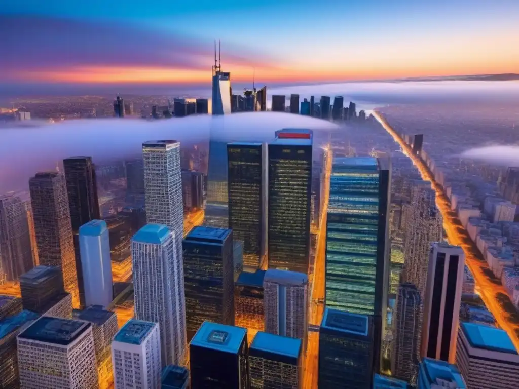 Horizonte urbano al atardecer: inversión inmobiliaria internacional Una ciudad bulliciosa al atardecer, con rascacielos modernos y edificios históricos iluminados por luces vibrantes