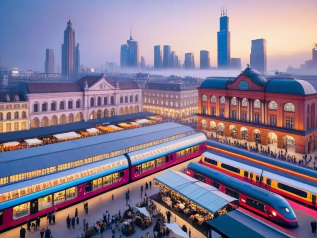 Cityscape al anochecer: mercado vibrante y tren de alta velocidad Una ciudad bulliciosa al anochecer, con edificios históricos y rascacielos modernos iluminados