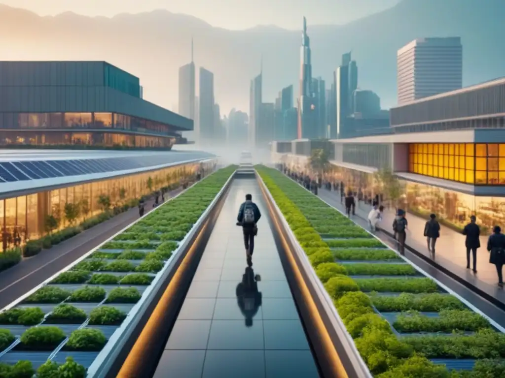 Metrópolis sostenible: armonía entre modernidad y naturaleza Una ciudad bulliciosa al anochecer, con un horizonte futurista y elementos de planificación urbana sostenible