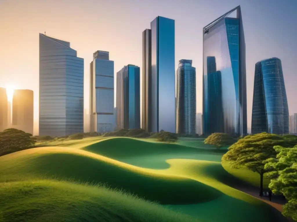 Metrópolis futurista: armonía urbana y diversidad en acción Una ciudad bulliciosa con rascacielos y arquitectura futurista, reflejando un equilibrio entre espacios verdes y diseño urbano innovador