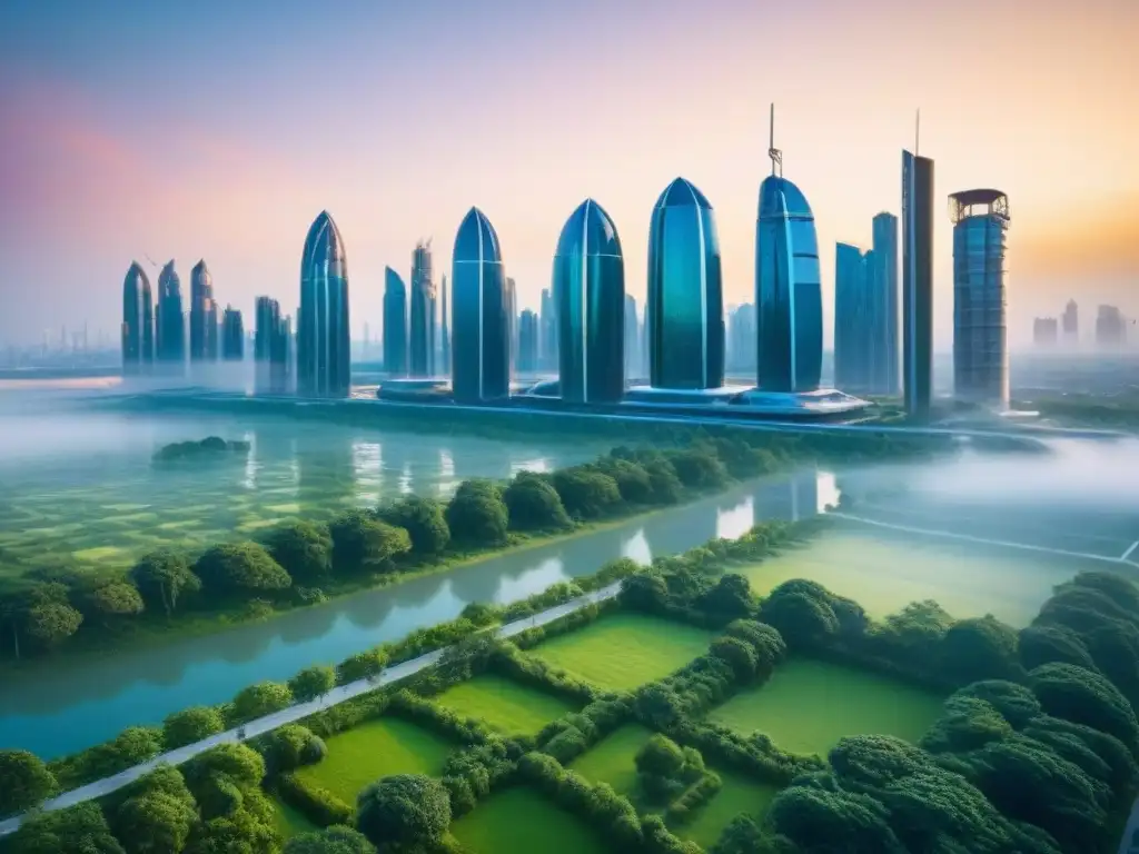 Skyline futurista: armonía entre diseño moderno y resiliencia urbana Una ciudad bulliciosa con rascacielos futuristas y parques urbanos verdes, reflejando la planificación urbana postdesastre inversión