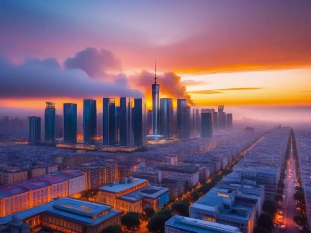 Horizonte urbano futurista: innovación inmobiliaria en el atardecer Una ciudad bulliciosa con rascacielos futuristas destacando en un cielo vibrante al atardecer, reflejando un mercado inmobiliario dinámico y innovador