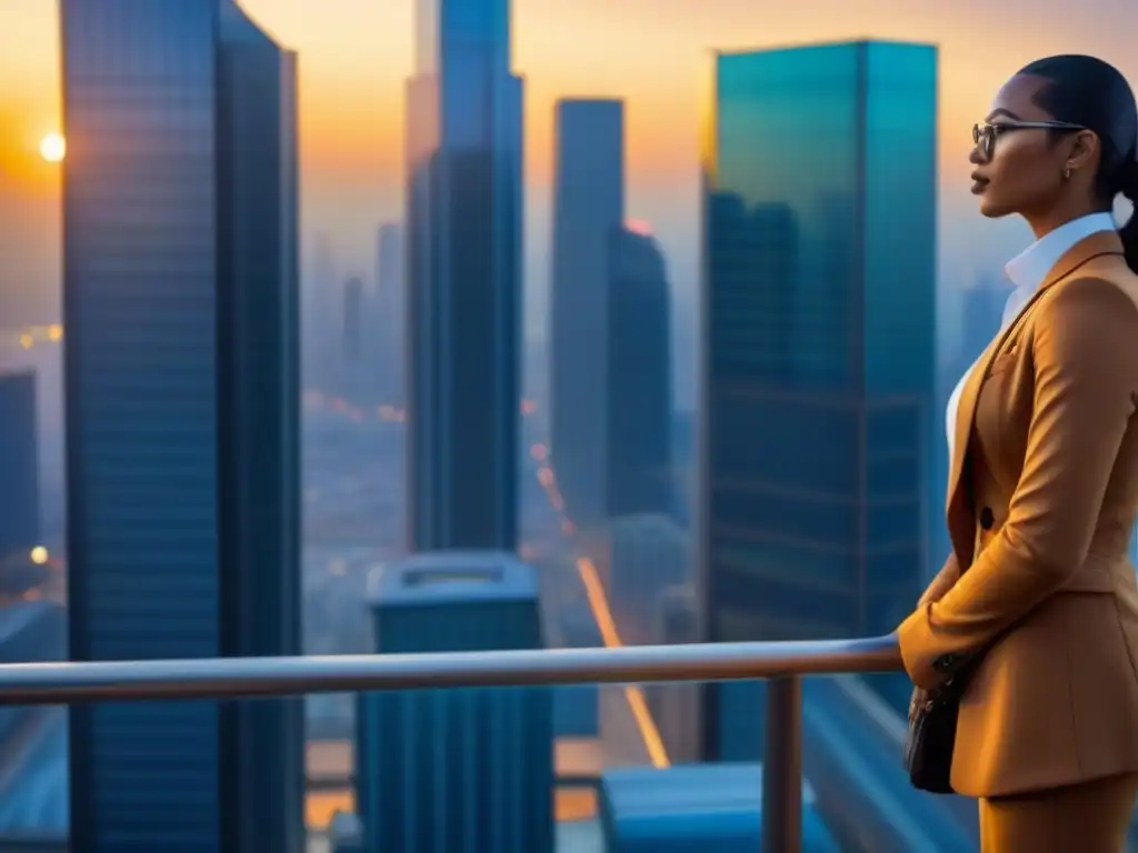 Metrópolis futurista: profesionales en debates animados Una ciudad bulliciosa con rascacielos futuristas reflejando el atardecer dorado