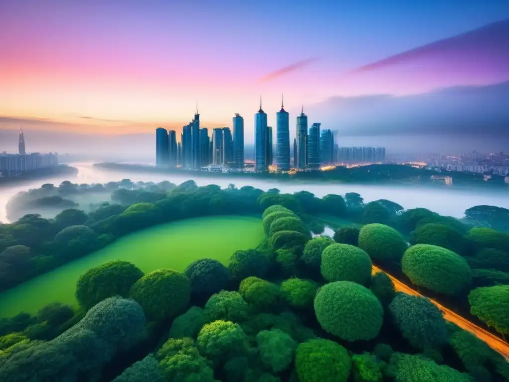 Espléndido skyline urbano al atardecer: fusión de modernidad y naturaleza Una ciudad bulliciosa al anochecer, con rascacielos iluminados y parques verdes, reflejando la fusión de la urbanización moderna con la naturaleza