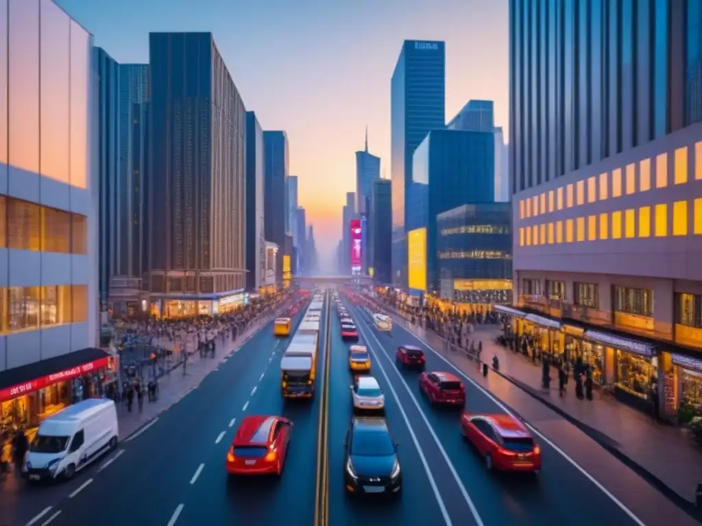 Horizonte urbano al atardecer: migración y real estate Una ciudad bulliciosa al anochecer, con rascacielos y luces vibrantes