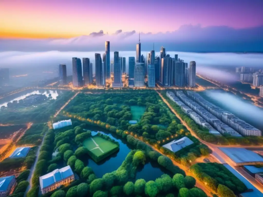 Espléndida ciudad al anochecer: oportunidades inmobiliarias internacionales Una ciudad bulliciosa al anochecer con rascacielos modernos y edificios históricos, rodeada de parques verdes y luces vibrantes