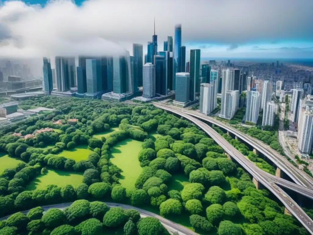 Vista aérea detallada de una ciudad moderna y vibrante con rascacielos Una ciudad bulliciosa de rascacielos modernos, con un vibrante distrito financiero y parques verdes, bajo un cielo azul
