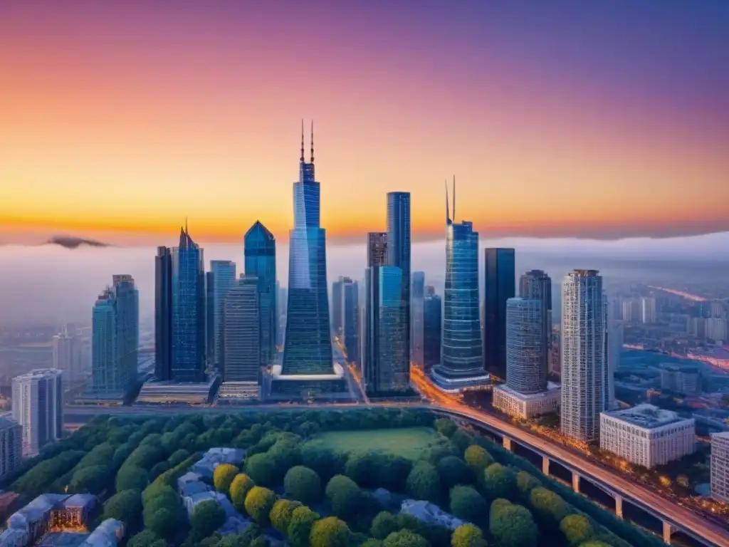 Skyline global: la fusión de tradición e innovación en bienes raíces Fotografía en 8k de una ciudad bulliciosa que mezcla rascacielos modernos con edificios históricos, representando la unión de la tradición y la innovación en el mercado inmobiliario global