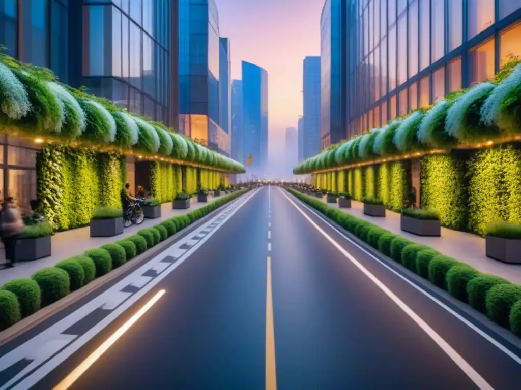 Metrópolis sostenible: armonía urbana eco-friendly al atardecer Una ciudad bulliciosa al anochecer, con rascacielos verdes y energía renovable