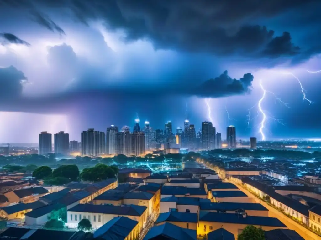 Caos urbano en tormenta: riesgos y seguros Una ciudad caótica y lluviosa durante una tormenta, iluminada por relámpagos