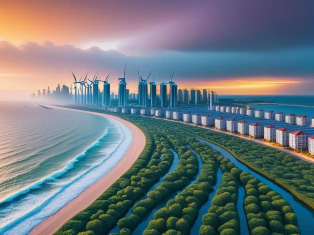 Horizonte costero futurista: adaptación ante cambio climático Ciudad costera futurista adaptada al cambio climático con propiedades vulnerables