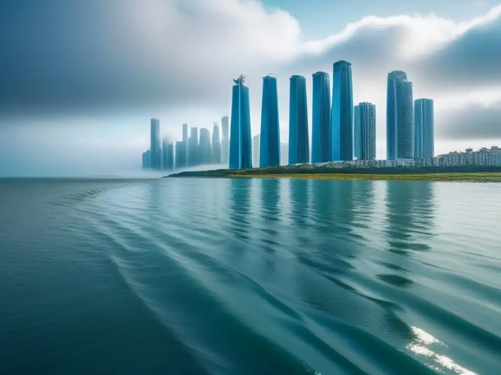 Metrópolis futurista con barreras contra inundaciones en alta resolución Una ciudad costera futurista con rascacielos modernos rodeados de barreras contra inundaciones avanzadas, en armonía con el mar en subida